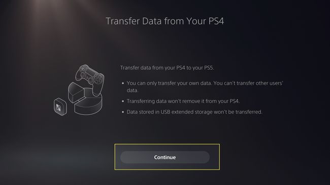 Varningsskärm för överföring av data på PS5 med Fortsätt markerad