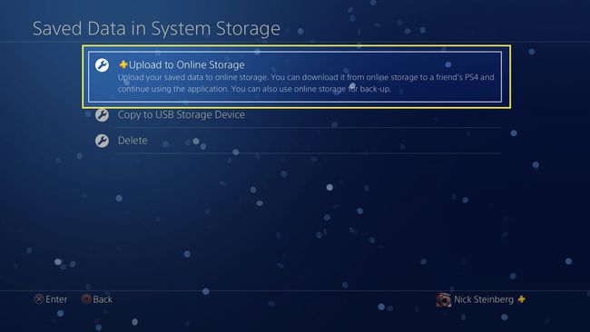 Laddar upp sparad PS4-data till Cloud Storage med Upload to Online Storage markerad