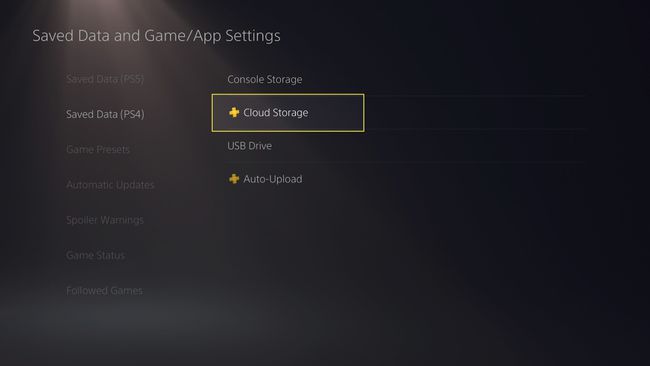 Åtkomst till PS4 Cloud Storage på PS5 med Cloud Storage markerat