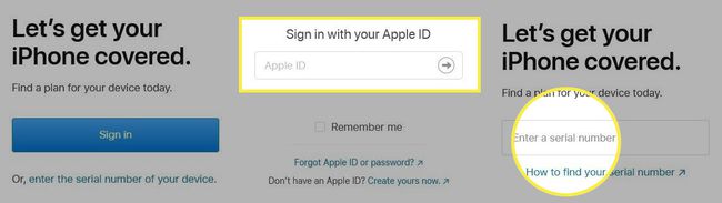 AppleCare iPhone-inloggningsskärm med Apple-ID och serienummer markerat