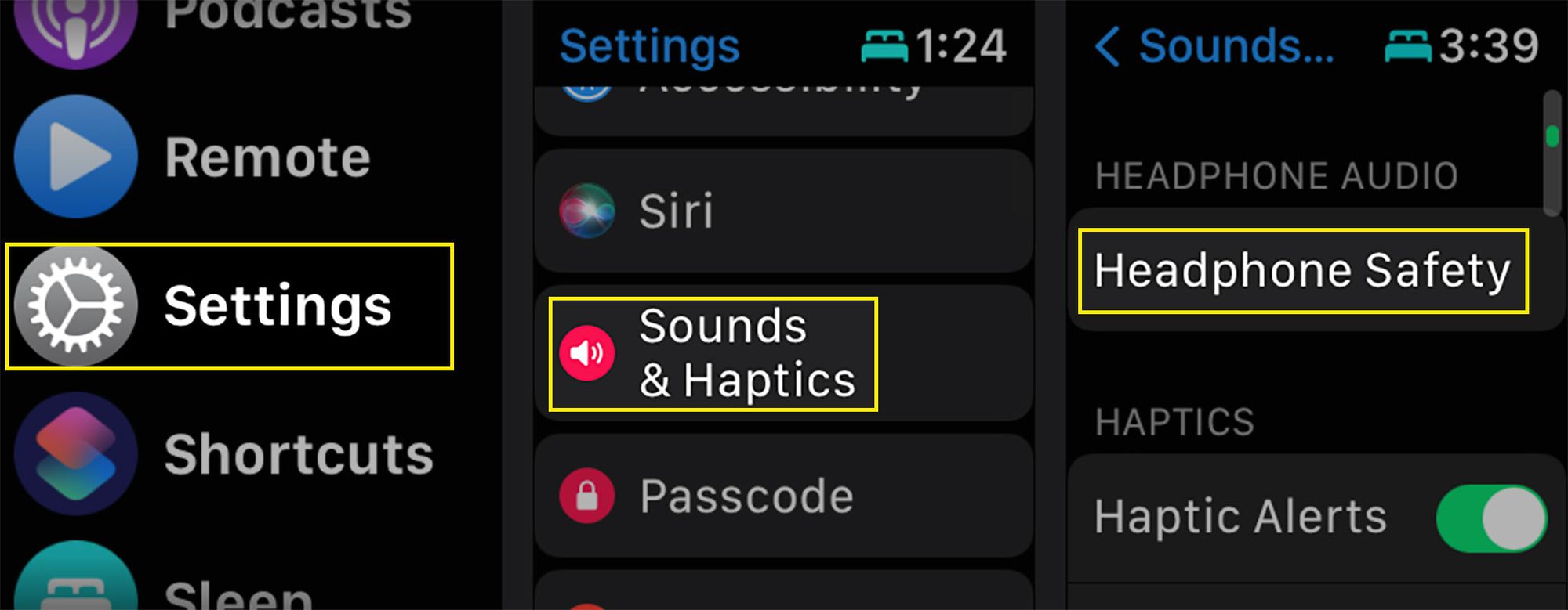 Inställningar, Ljud & Haptics och hörlurssäkerhet på en Apple Watch