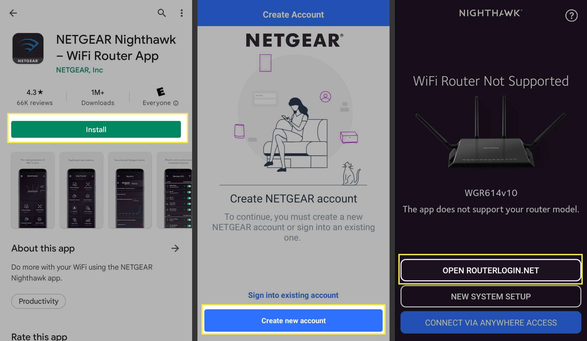 Installera, skapa nytt konto och öppna RouterLogin.net markerat i Netgear Nighthawk Wi-Fi Router-appen