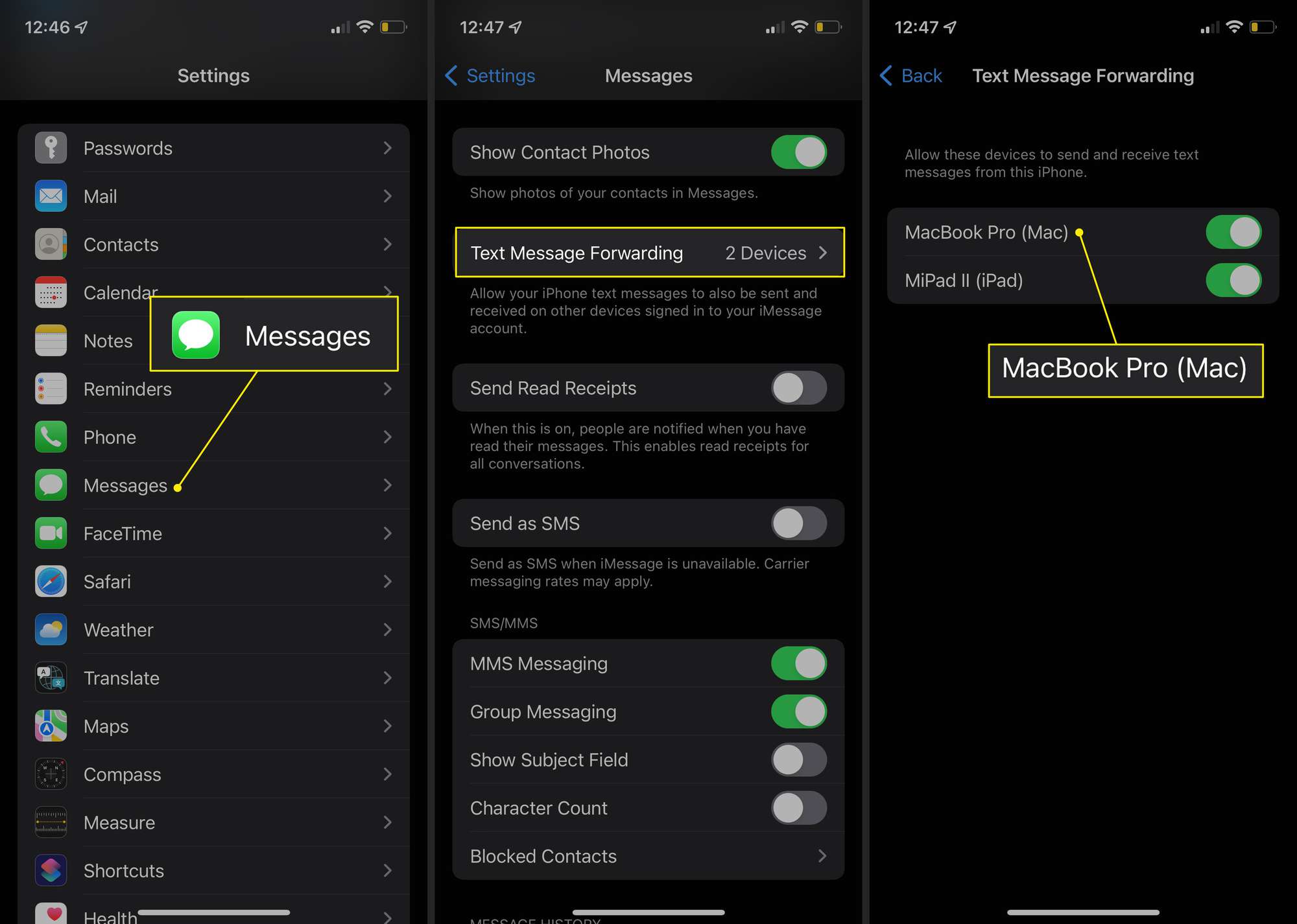 Meddelanden, vidarebefordran av textmeddelanden och en Mac i appen Inställningar för iOS