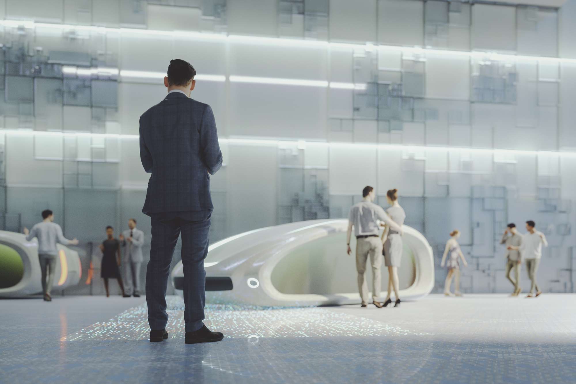 Ett koncept av en futuristisk gata med människor som fräser omkring och elektriska fordon för transport.
