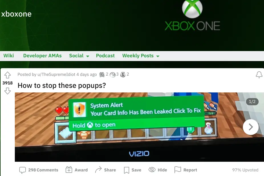 En skärmdump av ett skräppostmeddelande på Xbox One.