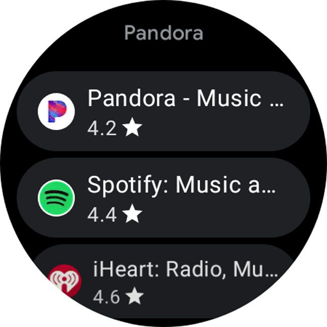 Pandora markerad i sökresultaten för Galaxy Watch Play Butik.