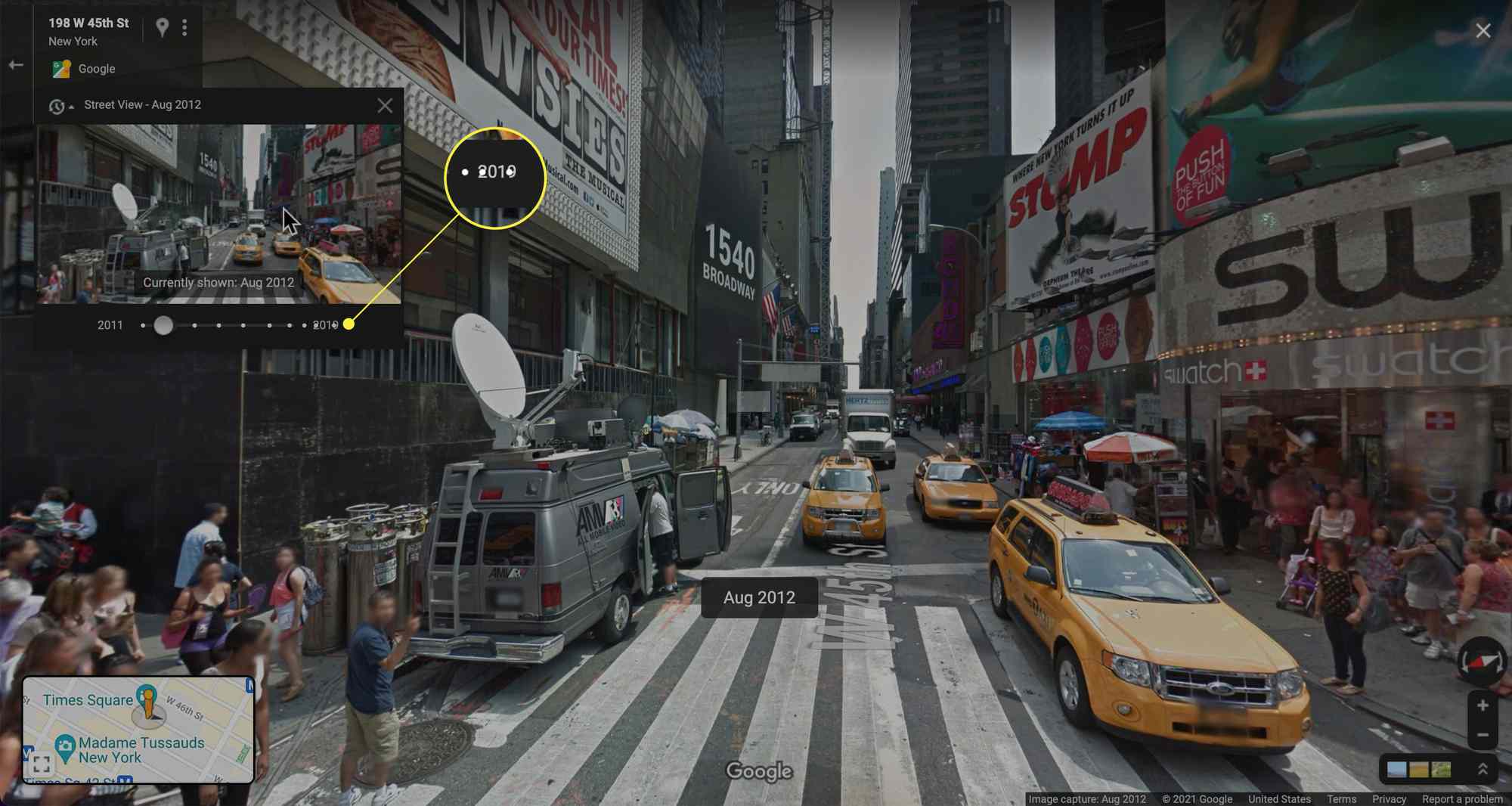 Äldre foto från Google Maps Street View visas med skjutreglaget längst till höger markerat