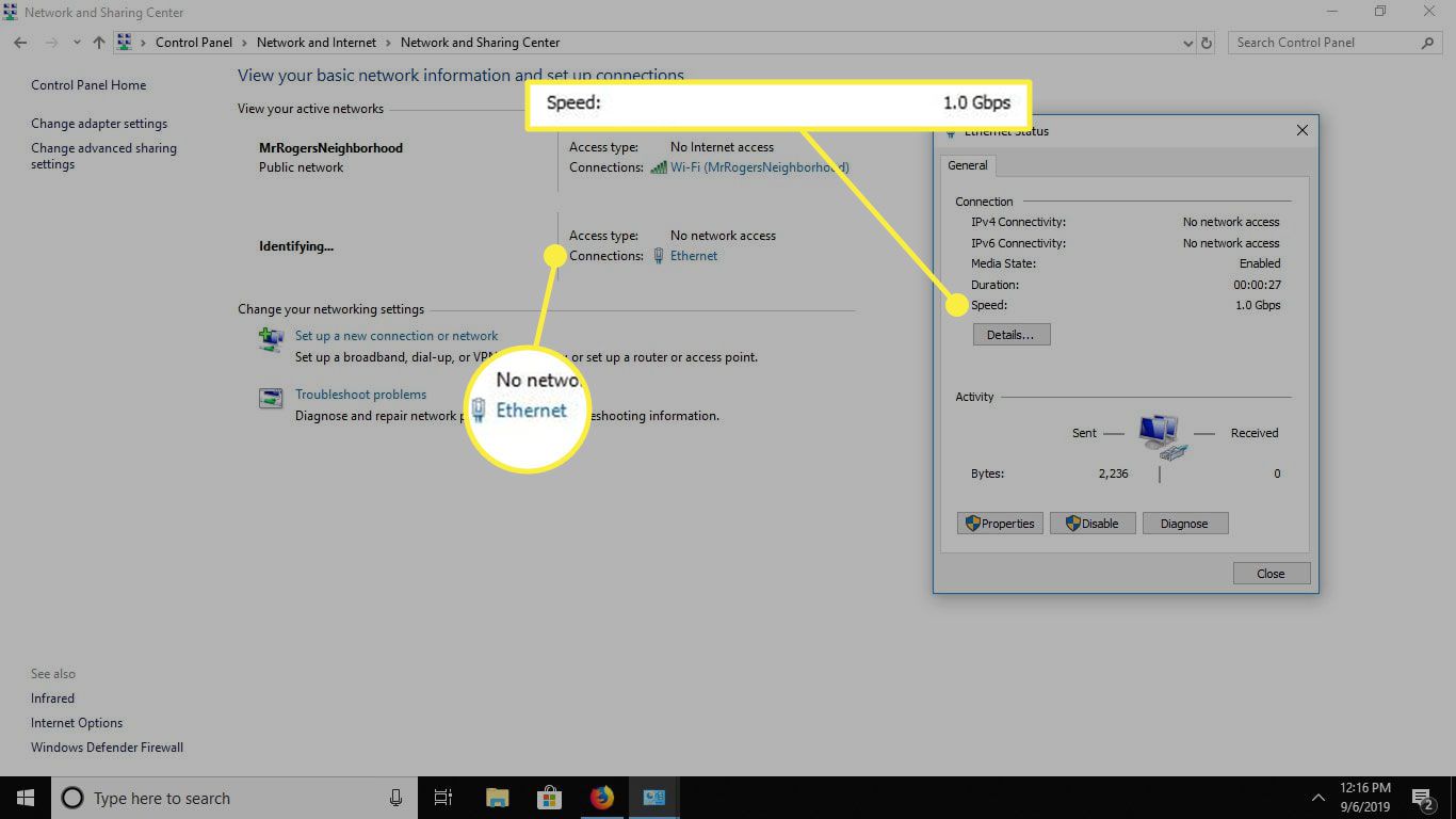 En skärmdump av Windows 10-inställningar med Ethernet- och hastighetssektionerna markerade