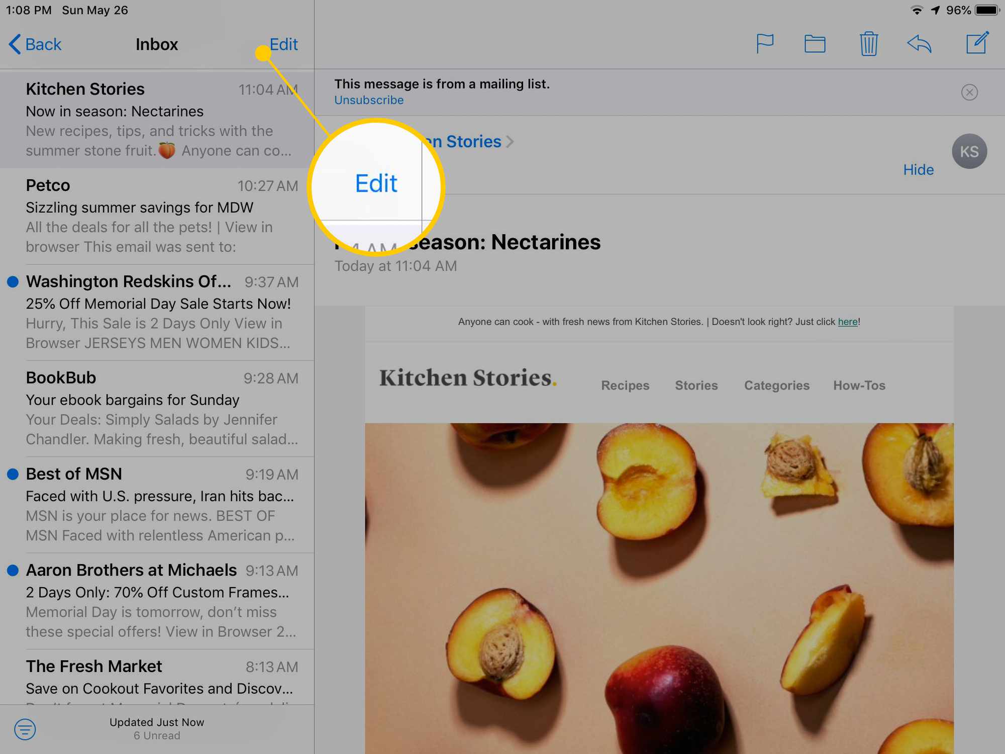 Redigera-knapp i iOS Mail på iPad