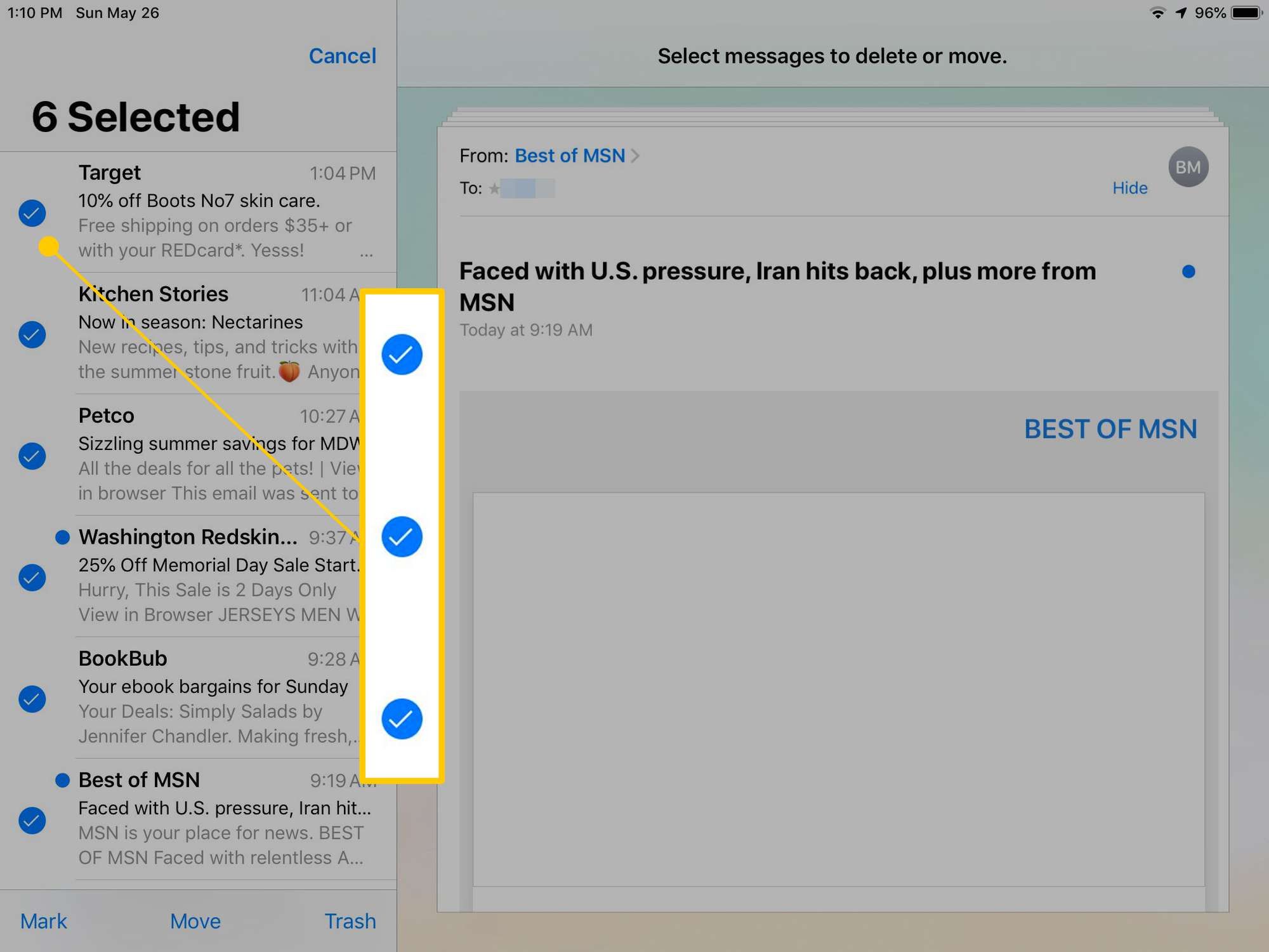 Markeringsrutor i iOS Mail på iPad