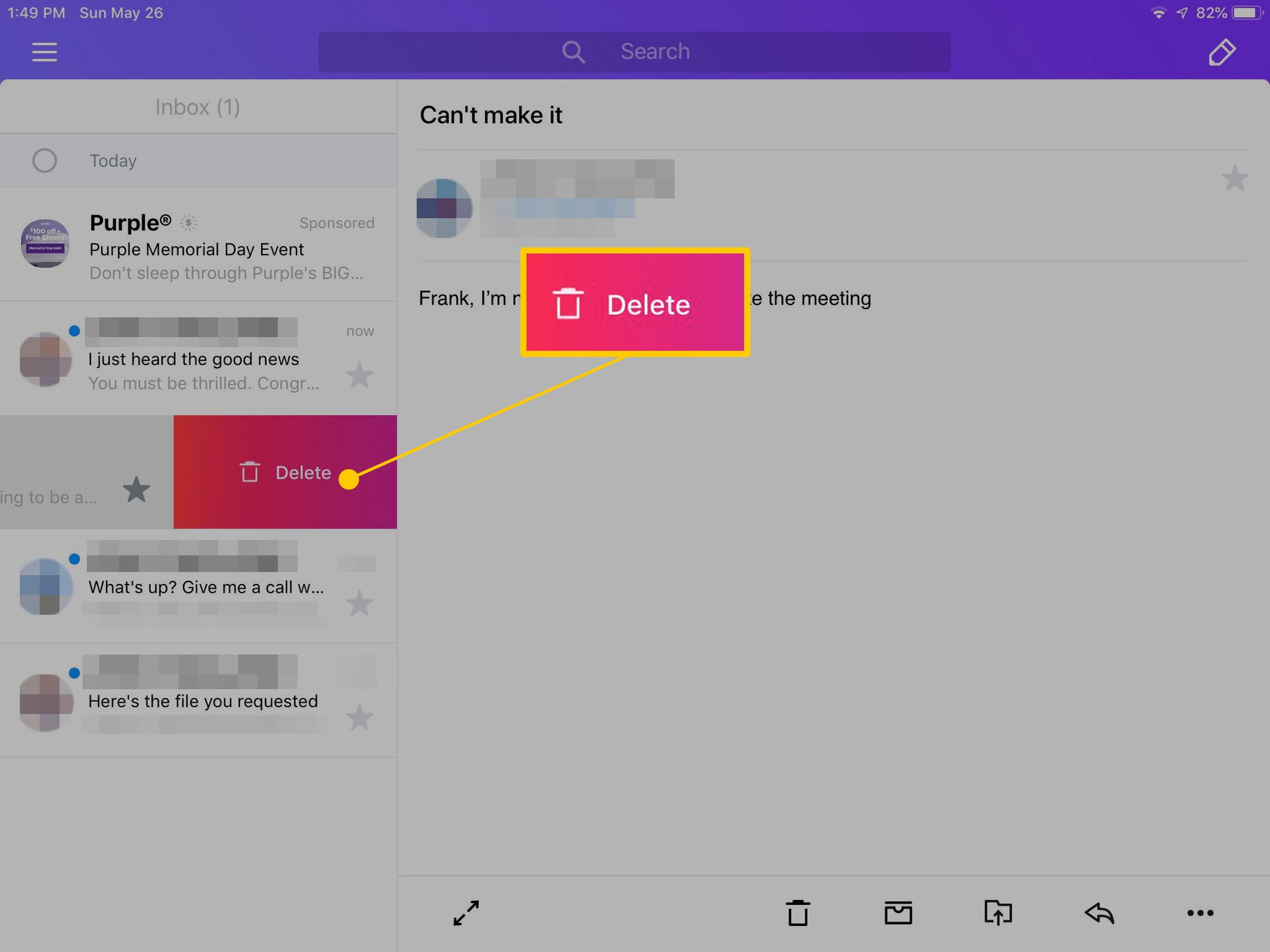Ta bort-knapp i Yahoo Mail-appen för iPad