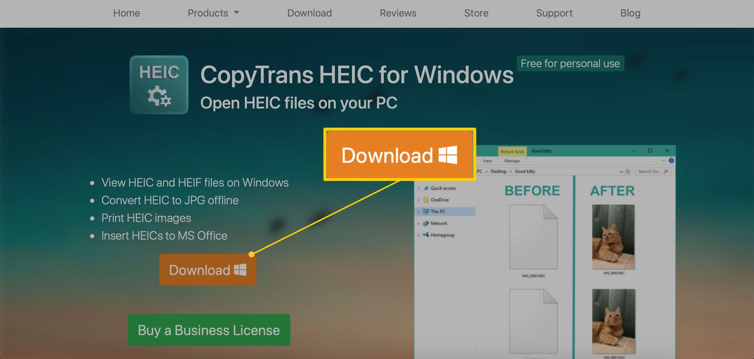 Ett webbläsarfönster som visar programvaran CopyTrans HEIC för Windows