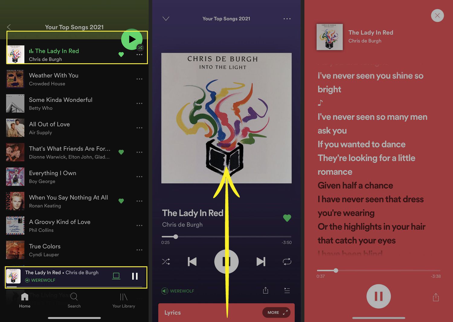 Spotify Lyrics på iOS med låten markerad och svep uppåt indikerad