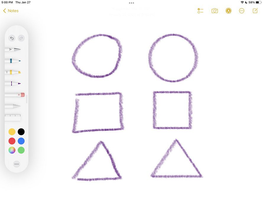 Cirklar, kvadrater och trianglar ritade i Notes-appen.