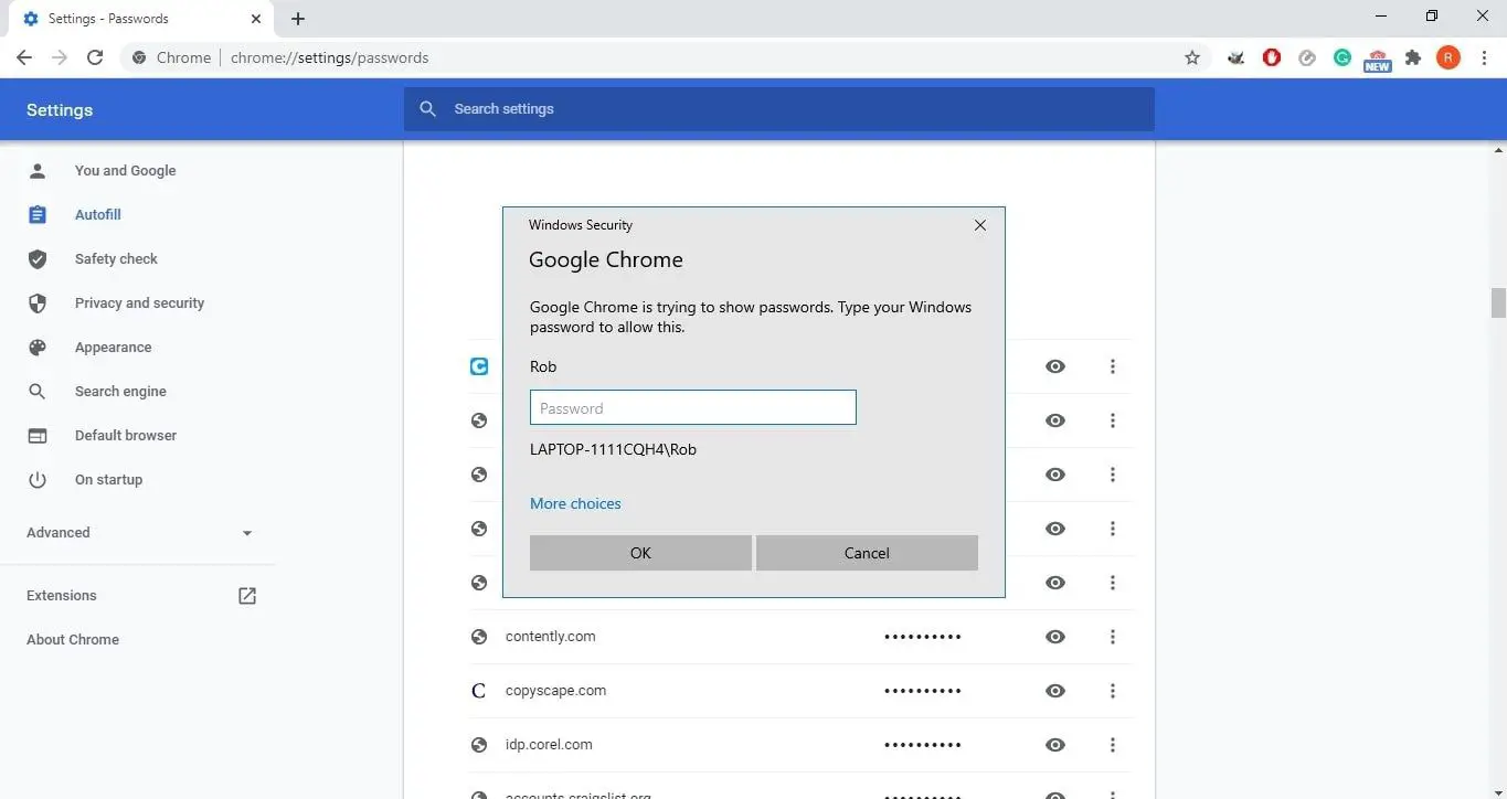 Windows Security inloggningsskärm på Google Chrome