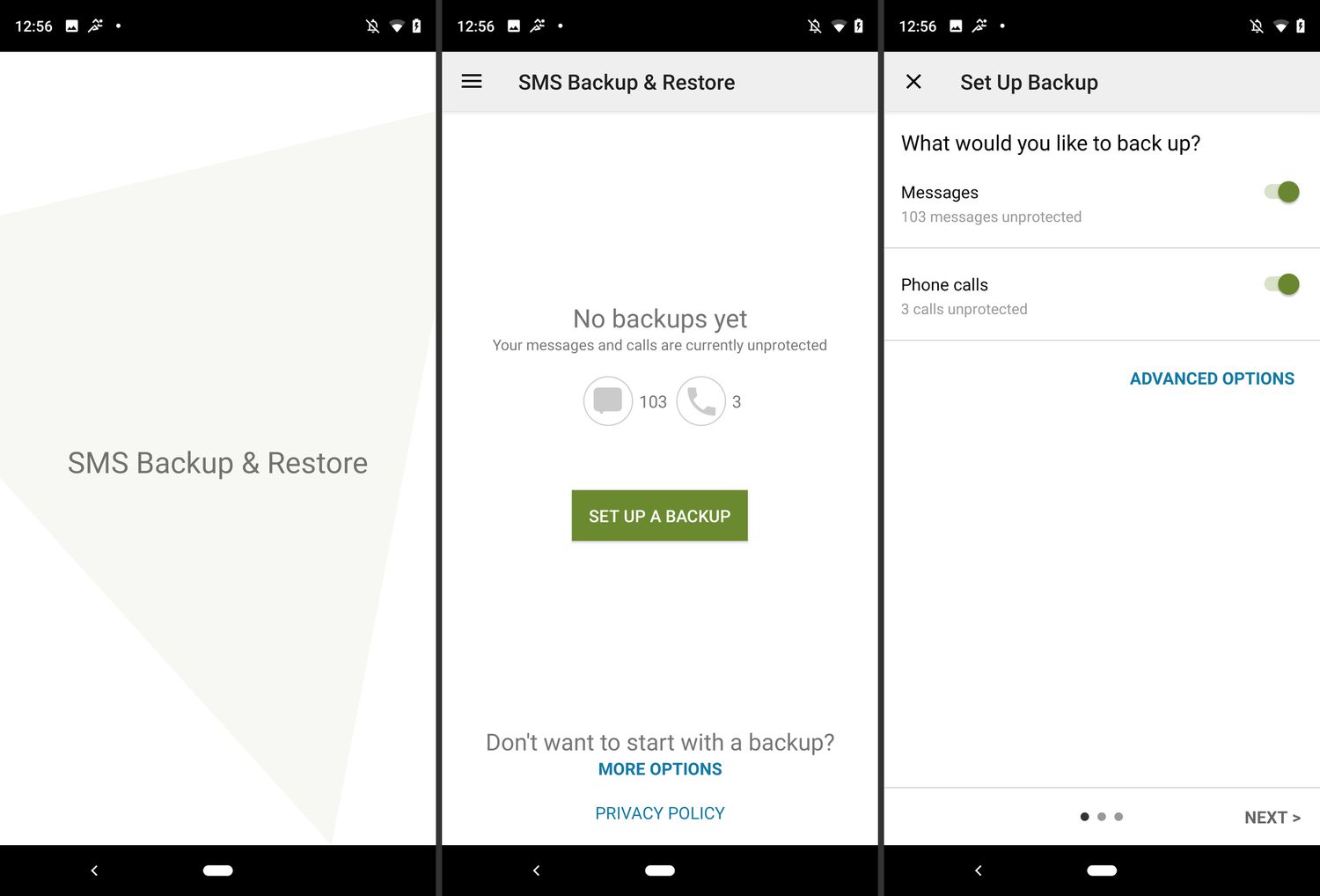 Tre skärmar från Androids SMS Backup & Restore-app