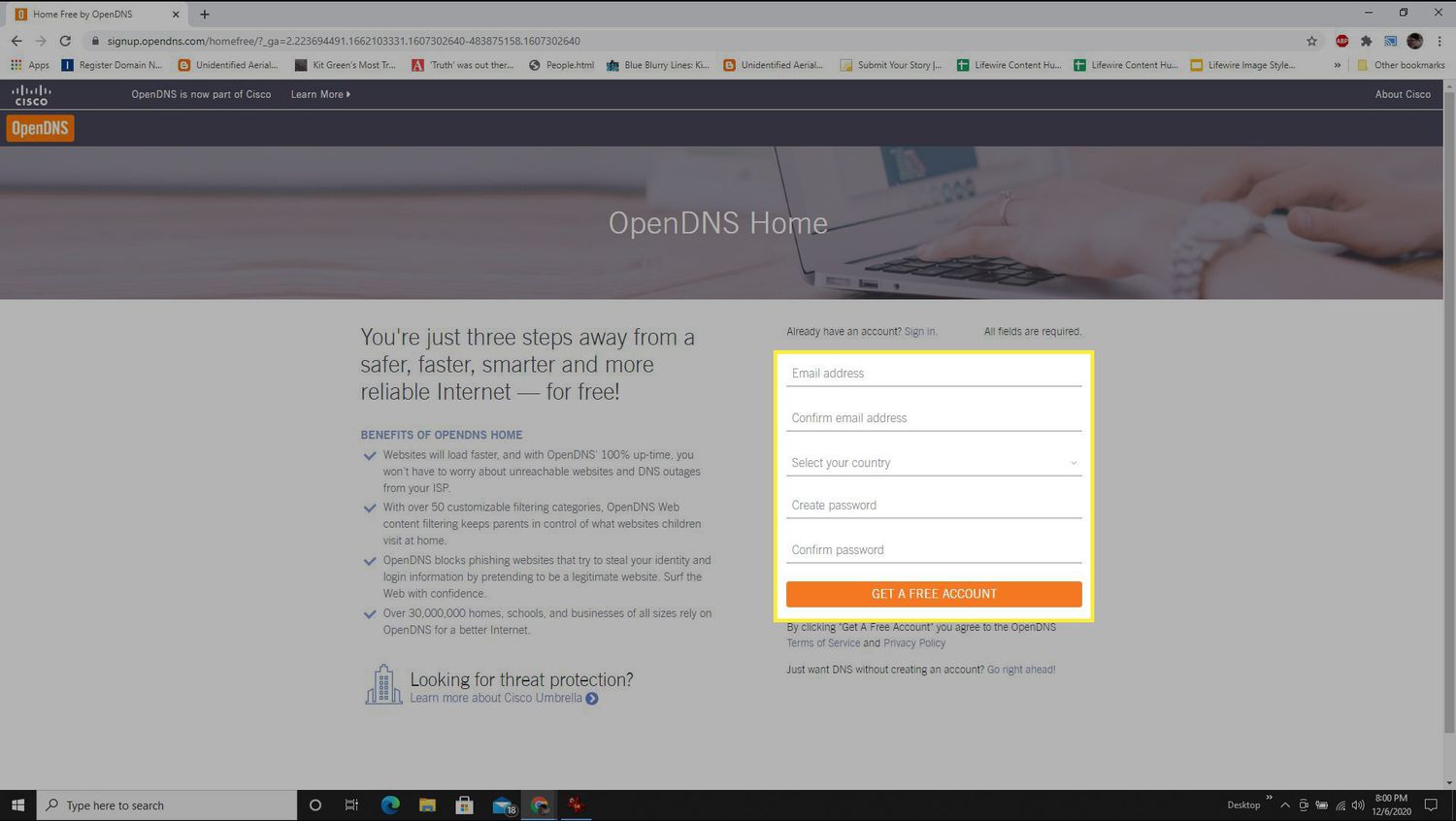 Registreringssida för OpenDNS Home.