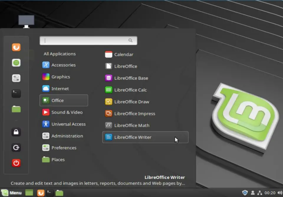Linux Mint Desktops huvudmeny