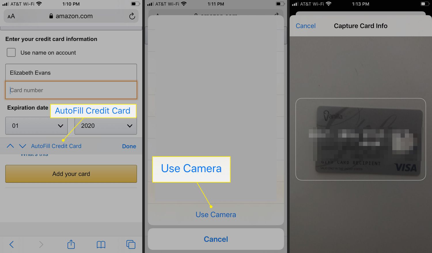 Kommandona "Autofyll kreditkort" och "Använd kamera" på en iPhone