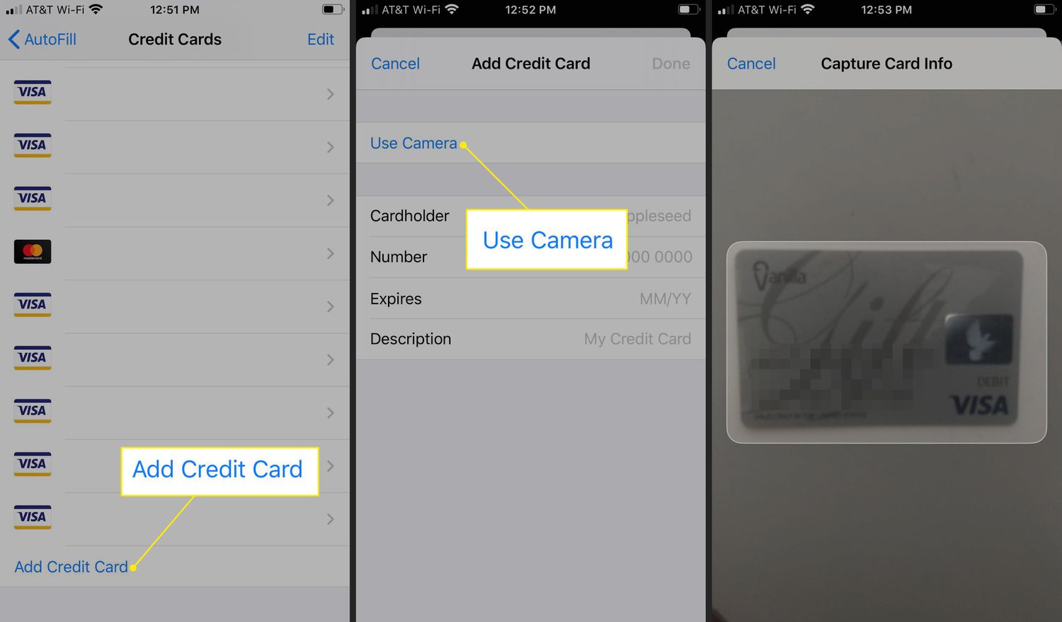 Lägga till ett kreditkort med iPhones kamera