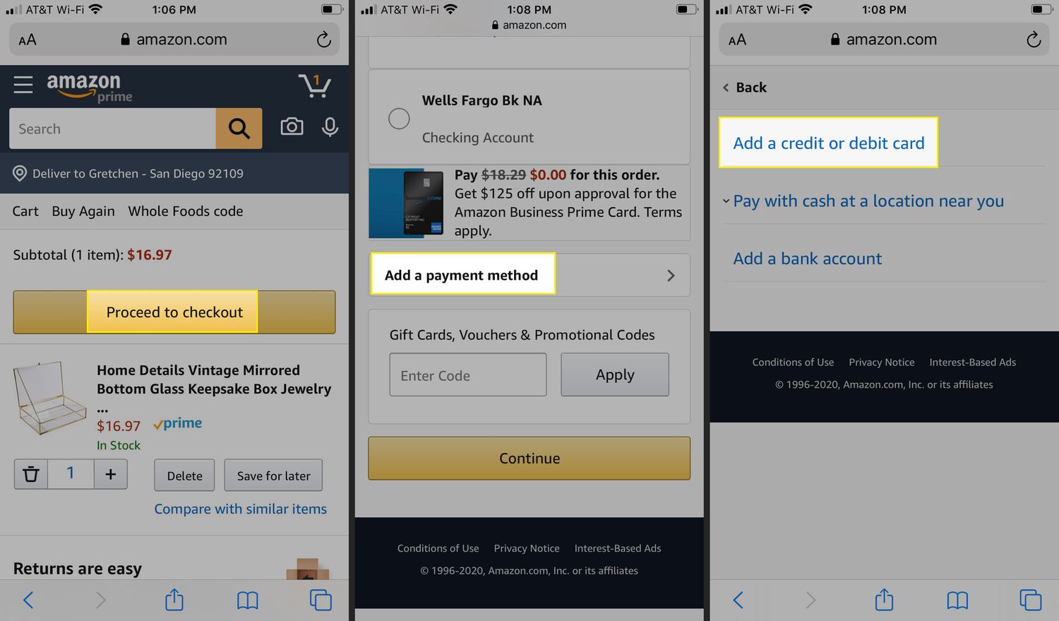Fortsätt till kassan, "Lägg till en betalningsmetod" och "Lägg till ett kredit- eller betalkort" i Amazon-appen