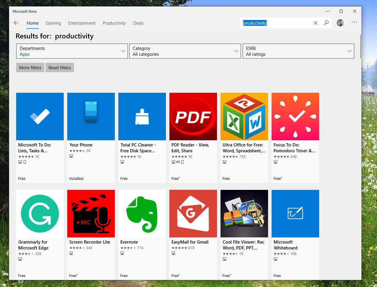 Skärmdump av sökning efter produktivitet i Microsoft Store