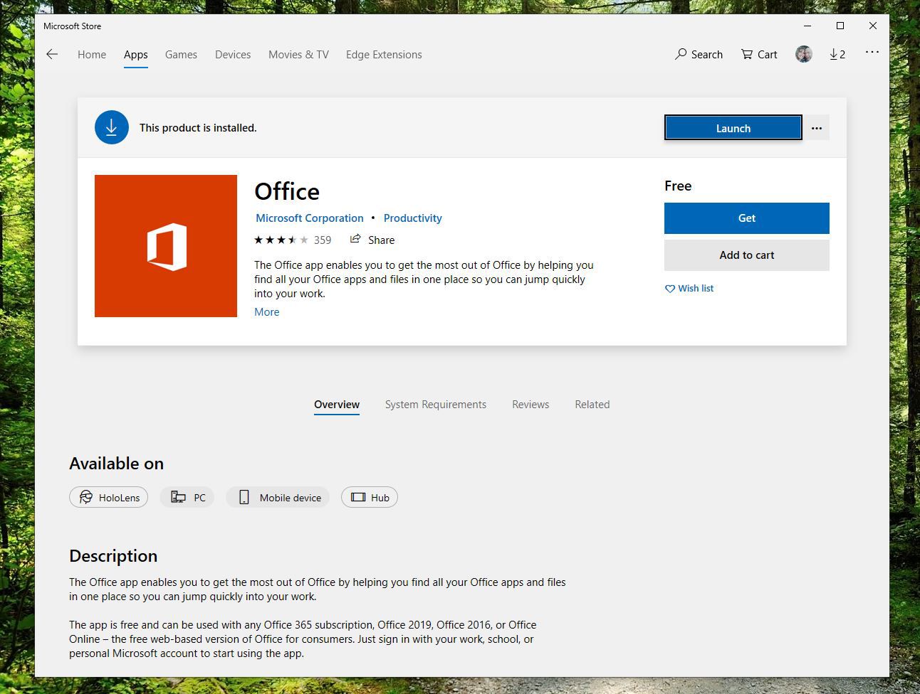 Skärmdump av knappen Get på Office-appen i Microsoft Store