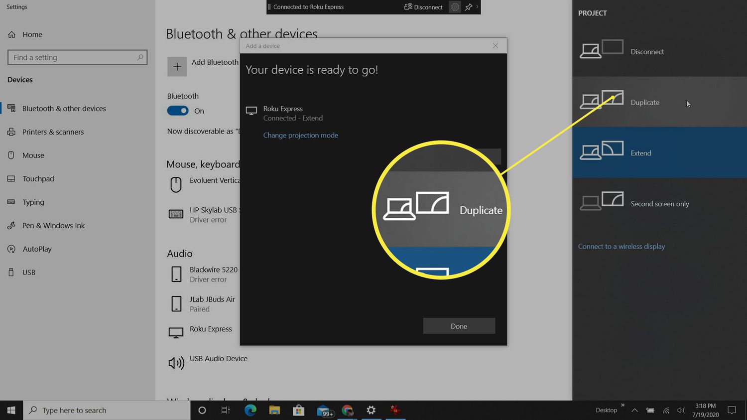 Skärmdump av ändra projektläge för Roku på Windows 10.