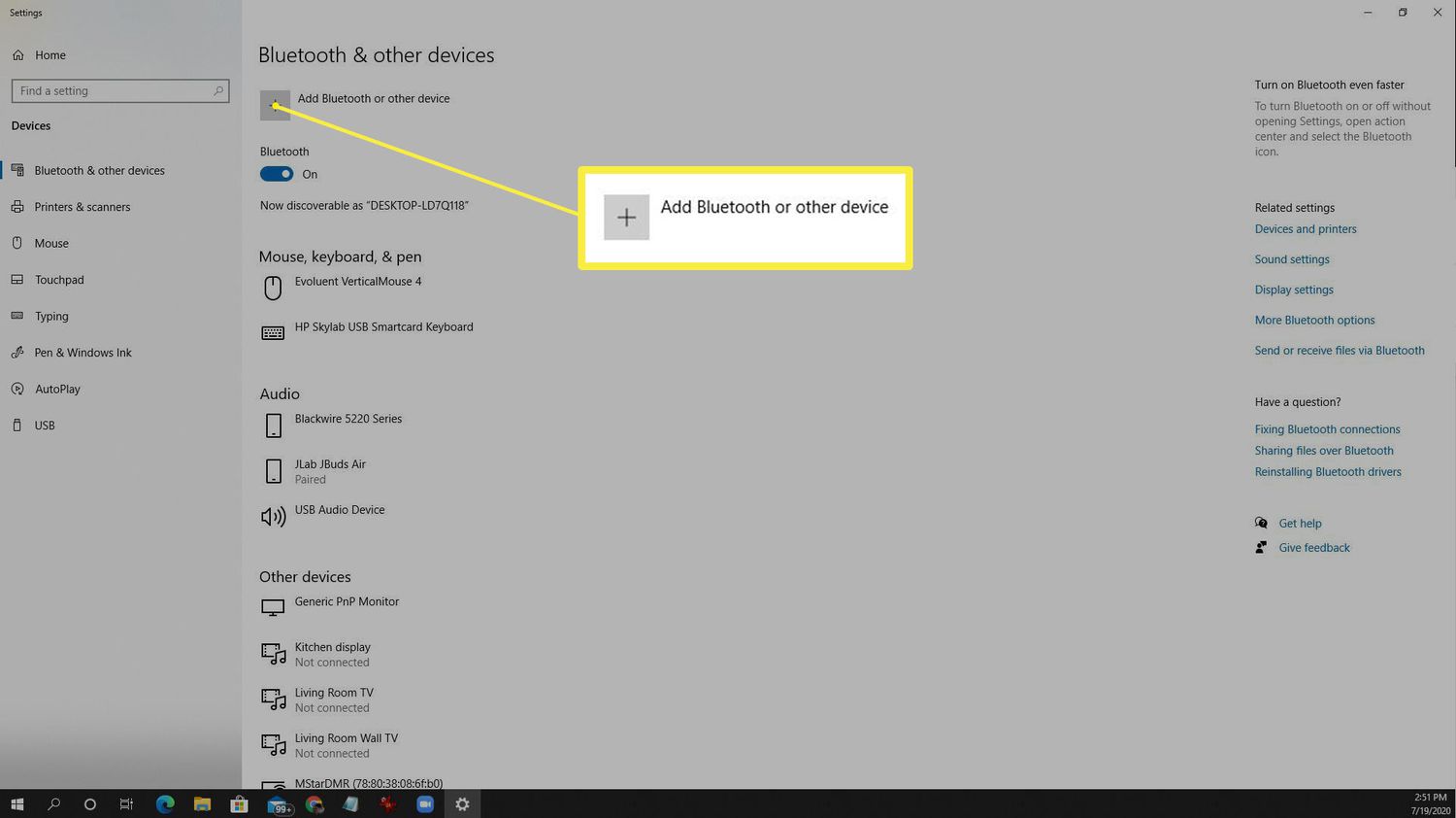 Skärmdump av bluetooth-inställningar på Windows 10.