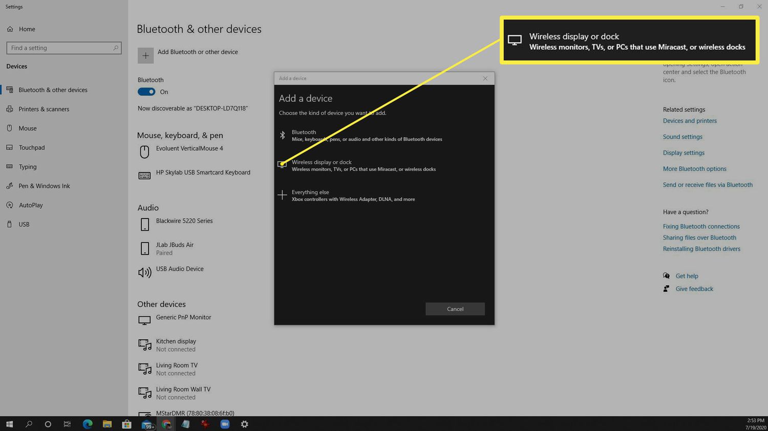 Skärmdump av trådlös skärm eller dockningsinställning i Windows 10.