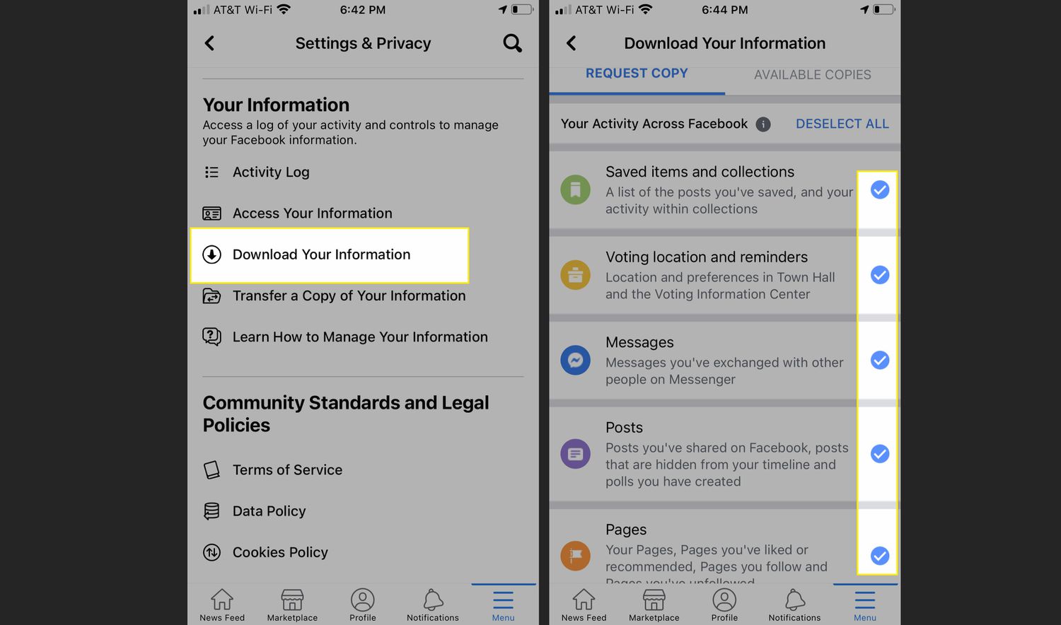 Facebook-app med Ladda ner din information och kategorier markerade 