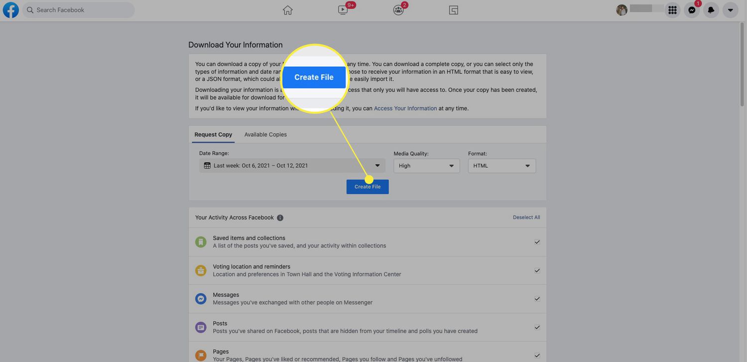 Facebook Ladda ner din informationsskärm med Skapa fil markerad