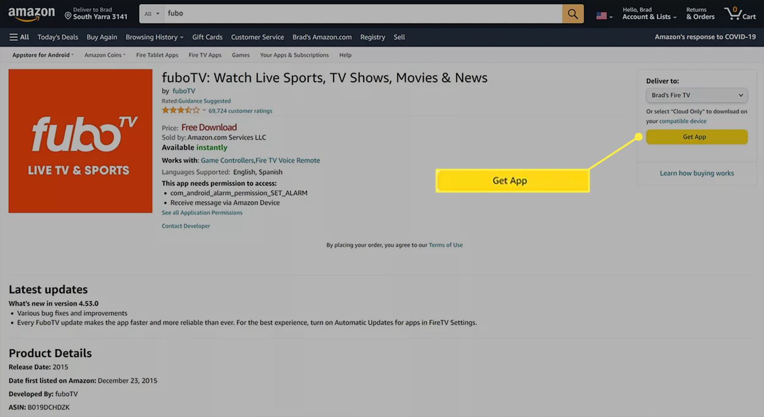 FuboTV-appsidan på Amazons webbplats med knappen Get App markerad.