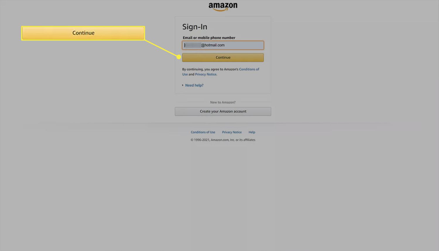 Amazon webbplats inloggningssida med e-post inmatad.