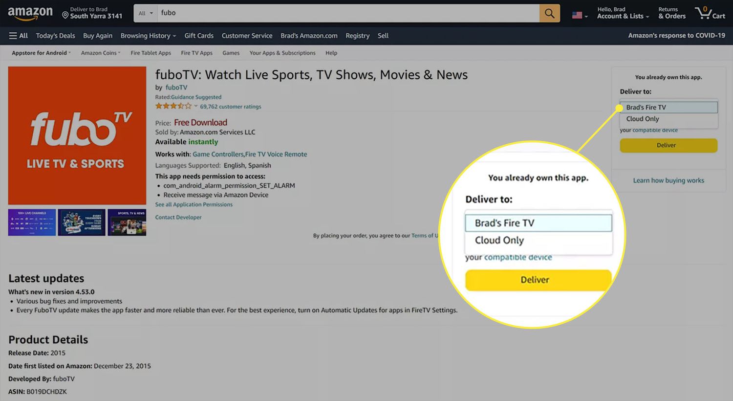 FuboTV-appsidan på Amazons webbplats med enhetsmenyn vald.