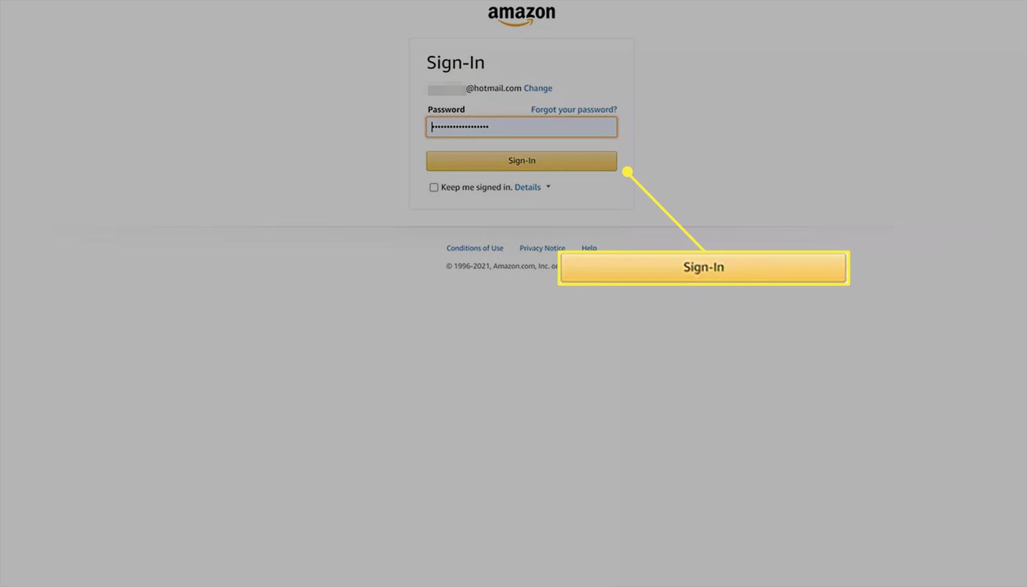 Amazon-webbplats inloggningssida med lösenordet angett.