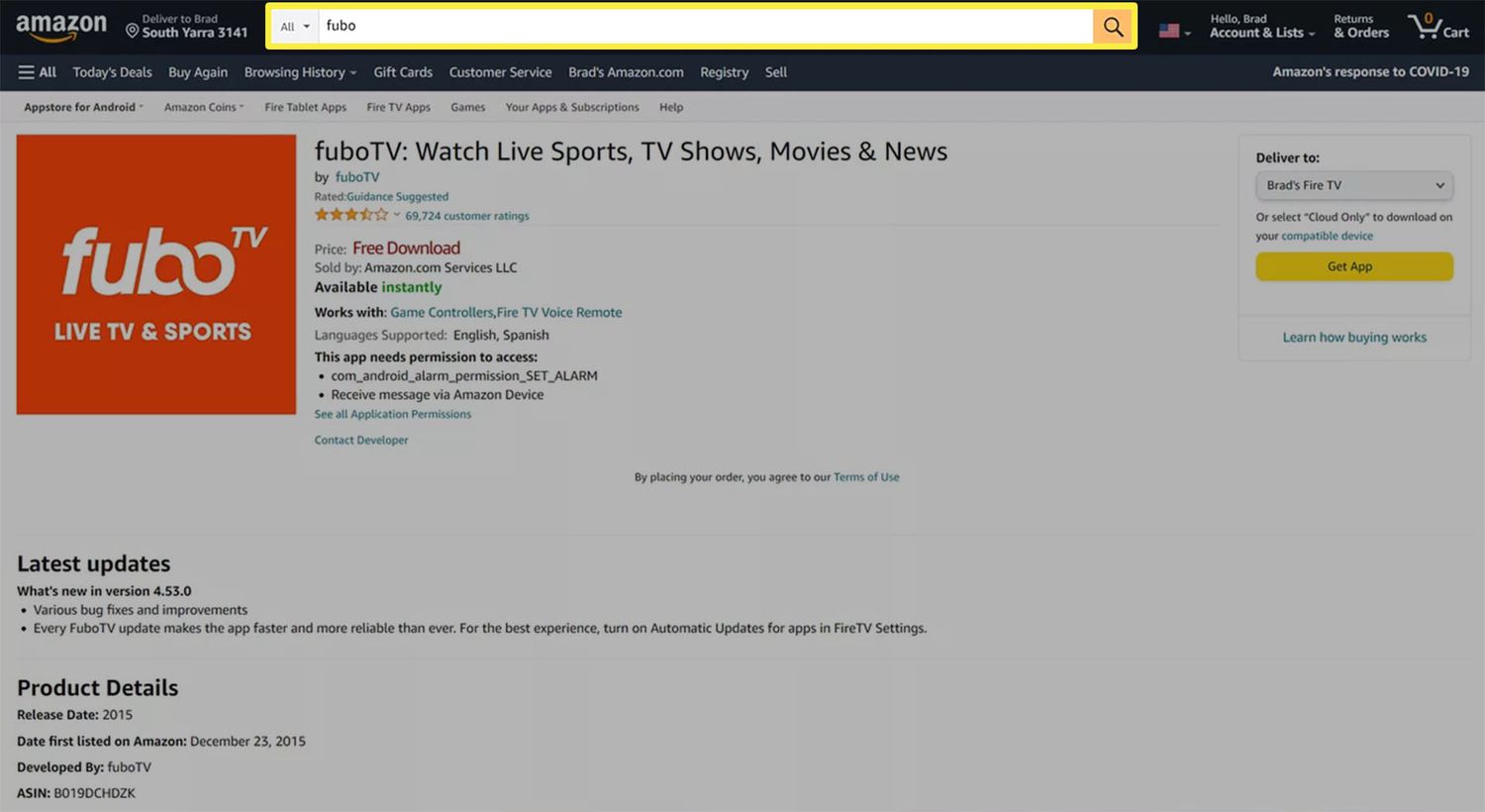 FuboTV-appsidan på Amazons webbplats.
