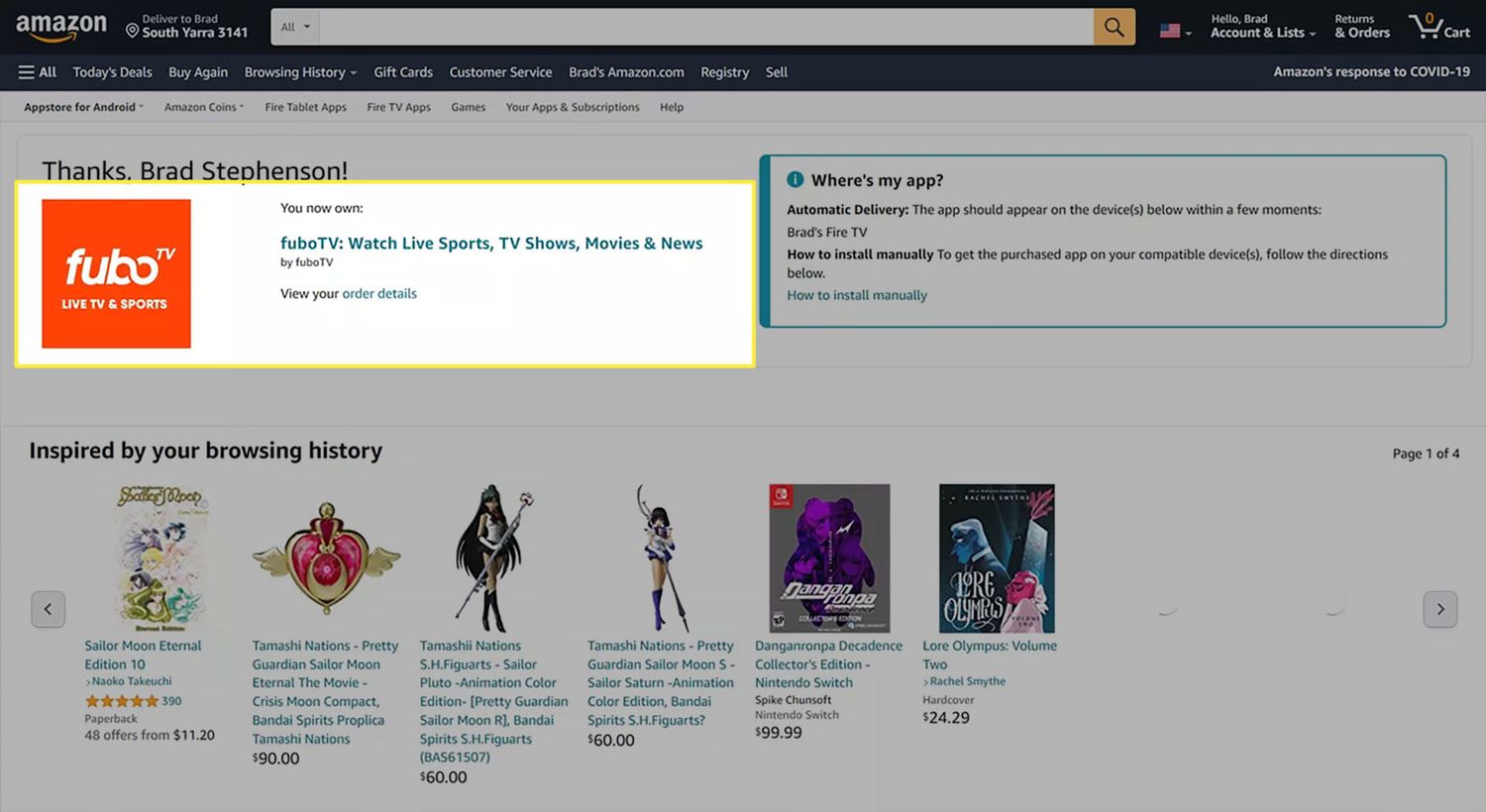 Bekräftelsesidan för nedladdning av fuboTV-appen på Amazons webbplats.