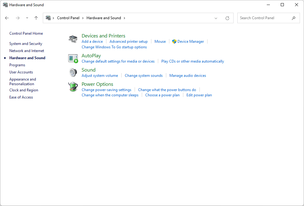 Länken Enhetshanteraren i Windows 11:s kontrollpanel för maskinvara och ljud