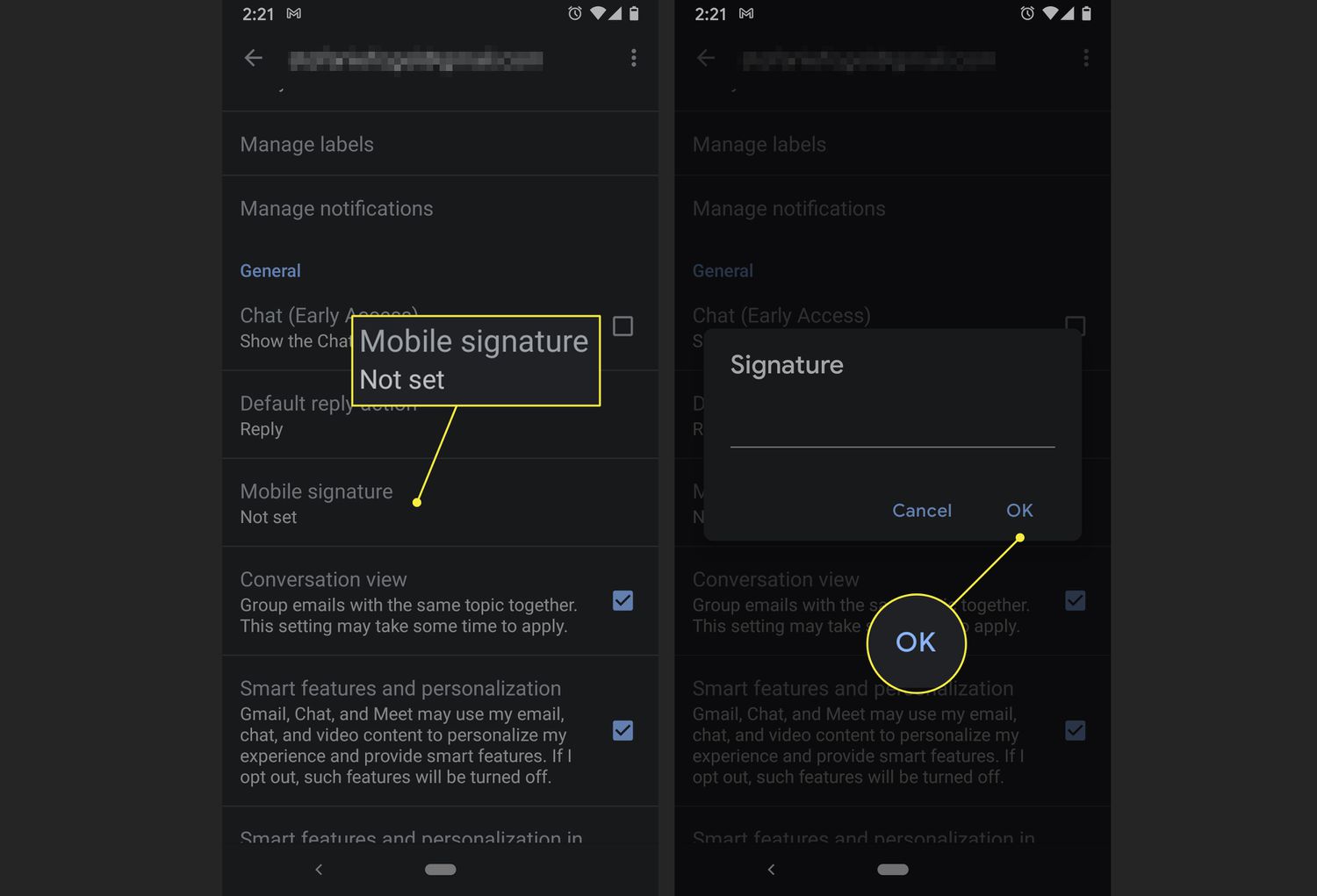 En Gmail-appanvändare skapar en mobilsignatur