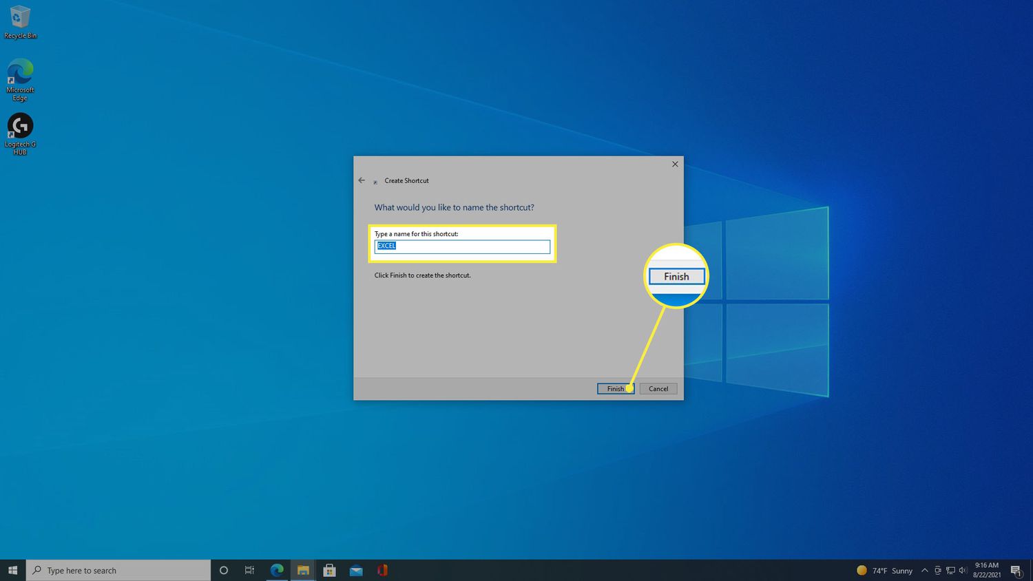 Namnge och avsluta skapandet av genvägar på ett Windows 10-skrivbord.