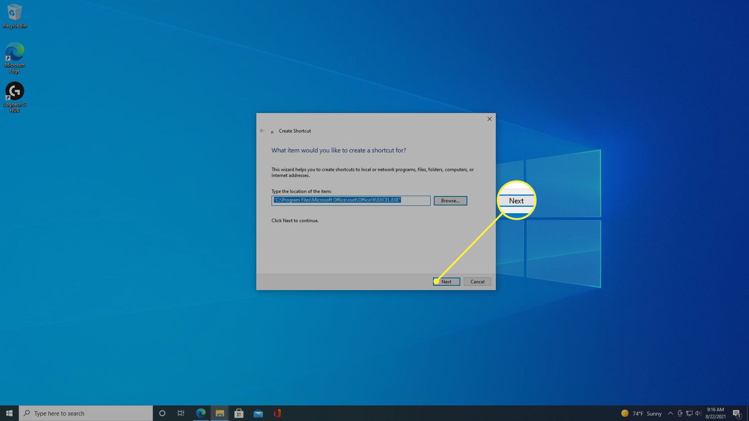 Välj Nästa efter att ha valt programmet för att skapa en genväg på ett Windows 10-skrivbord.
