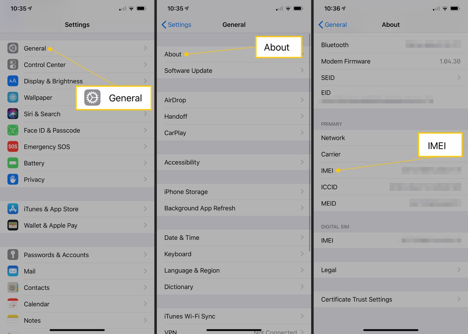 Allmänt, Om, IMEI-sektioner i iOS Settings-appen