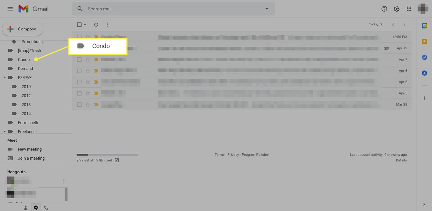 En Gmail-inkorg med en etikett markerad