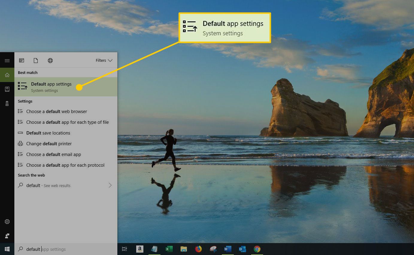 Windows 10 sökfönster med alternativet Standardappinställningar markerat