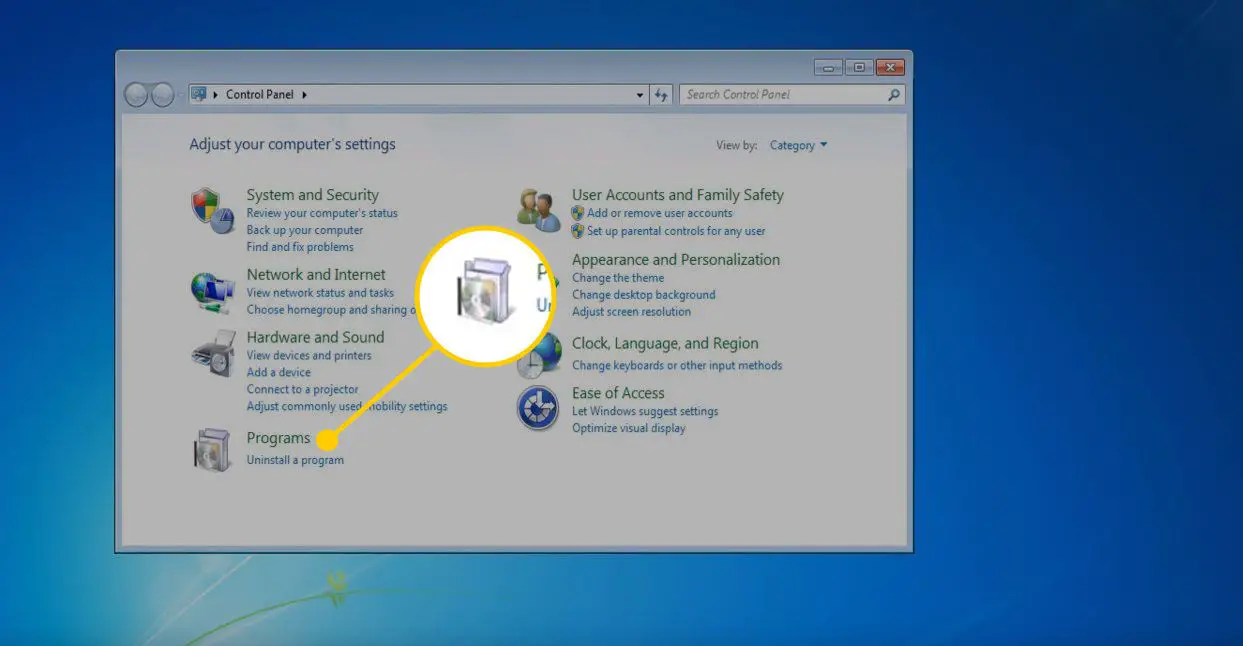 Kontrollpanelen i Windows 7 med avsnittet Program markerat