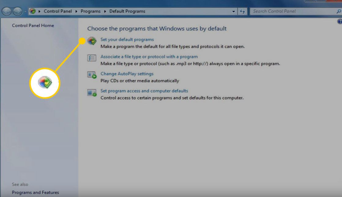 Fönstret Standardprogram i Windows 7 med alternativet Ange dina standardprogram markerat