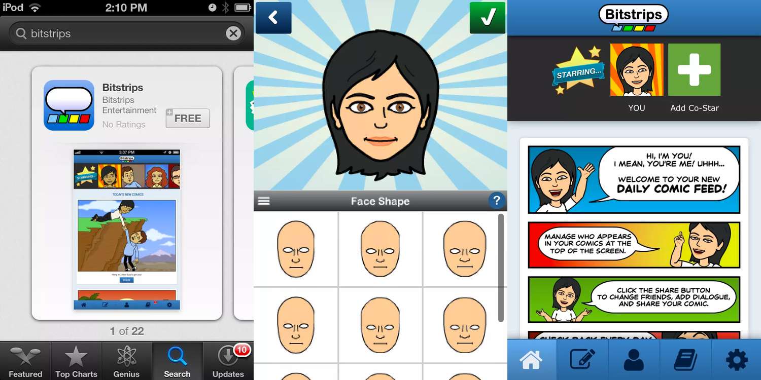 Nedladdningsskärm, Face Shape-skärm och startskärm för Bitstrips-appen på iOS