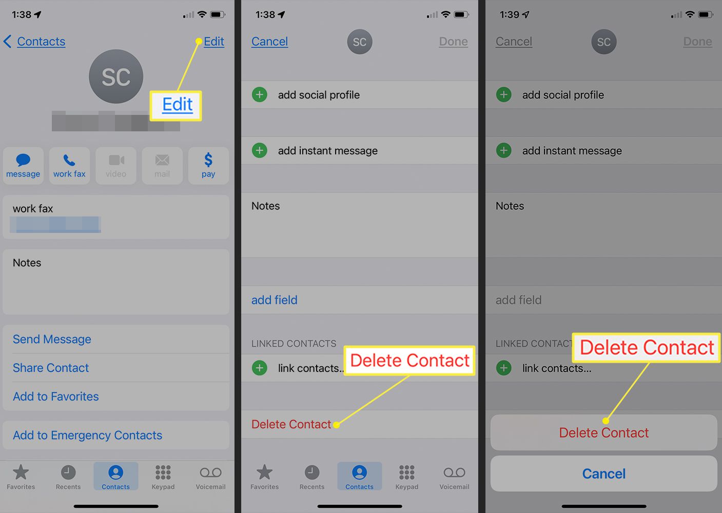 Raderingsskärmar i iPhone Contacts-appen