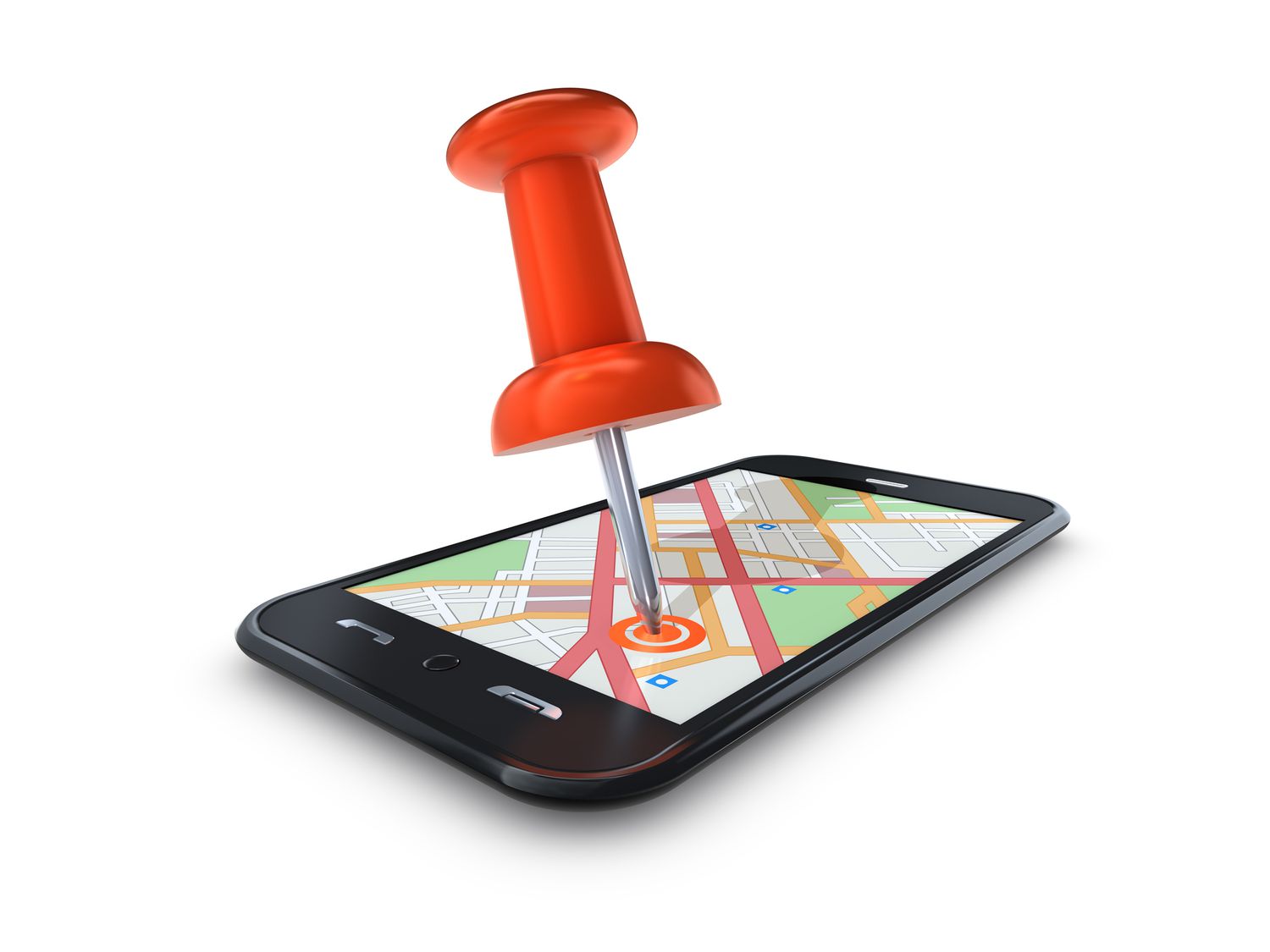 En kartnål som sticker in på en plats på en karta som visas på en smartphone.
